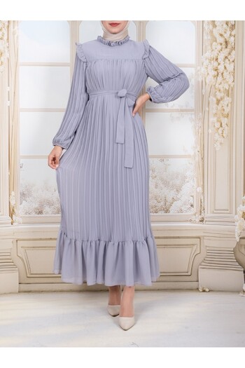 Modamorfo Dress with Robe on the Front, Pleated Sleeves and Size - Gray