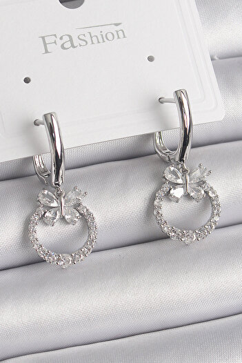 BESKAR Brass Silver Color Zircon Stone Butterfly Figure Dangle Detail Women's Earrings