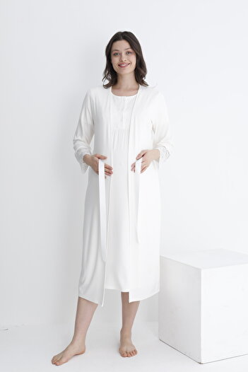 Miss Dünya Lissa Lace Detailed Front Button Maternity and Maternity Nightgown Set with Dressing Gown