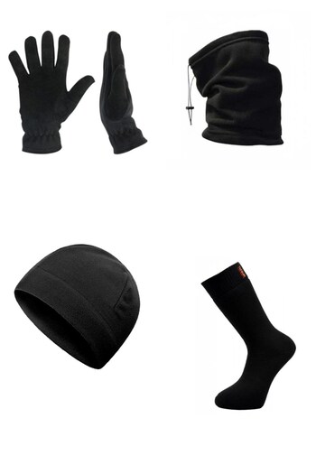 Teknor Unisex Černé zateplené zimní kvalitní fleecové rukavice-Klobouk-Límec-Zateplené ponožky Set