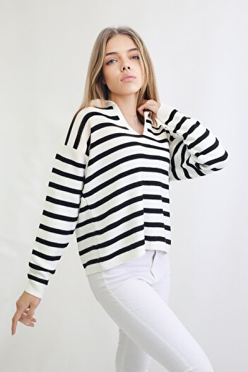 VB Steel Pulover Crop Tricotat cu dungi Locamz pentru femei, alb, cu gât polo