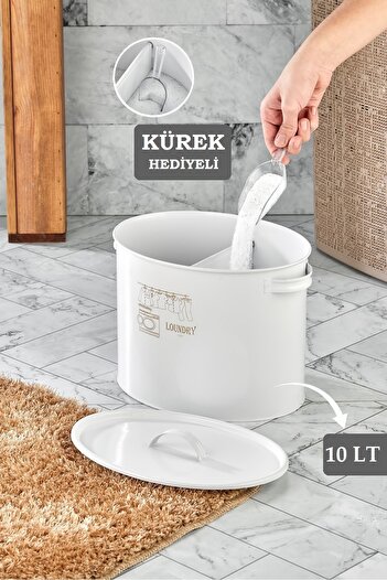Tugomer 10 Lt Metal Bölmeli Deterjan Saklama Kutusu Kapaklı Tablet Toz Deterjanlık Saklama Kabı Kürek Hediye
