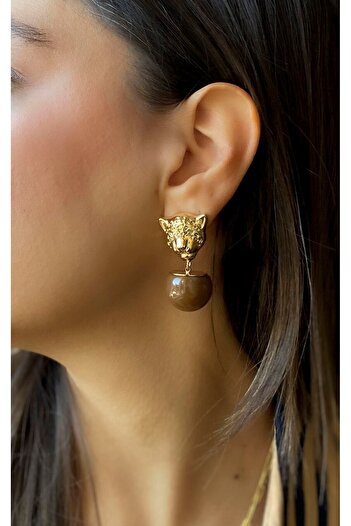 Sacha Accessories Coffee Gold Earrings with Lion Figure