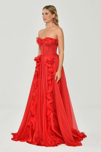 ALFABETA Long Strapless Flounced Bodice Evening Dress