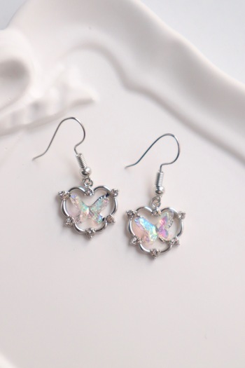 EFBUTİK White Holographic Butterfly Stone Imported Earrings