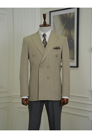 LONATOLİA Men's Italian Style Slim Fit Double Breasted Jacket - Punto Stitching, Bag Pocket, Half Lined, Cream