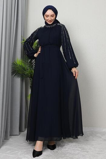 GİZ AGİYİM Ναυτικό μπλε Semra Hijab φόρεμα