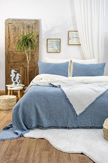 Tasarım Hb&Victory Muslin Single 4 Layer Blue Color Bedspread 160X230 Cm.