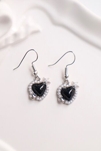 EFBUTİK Black Heart Pearl Imported Earrings