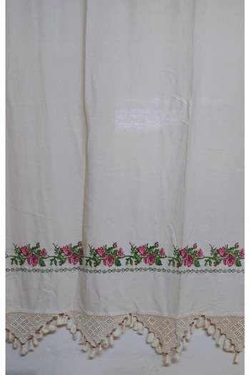 TUNCAY TEKSTİL Washed Natural Straight Bodrum Linen with Wooden Work Red Canavch