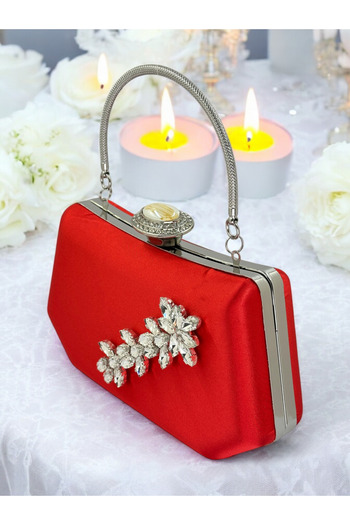 Biçanta Red Color Silver Crystal Stone Elegant Design Metal Handle Evening Dress Bag