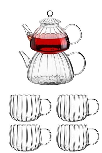 Qerhome Borosilicate Sliced Glass Teapot & 4 Sliced Glass Mug