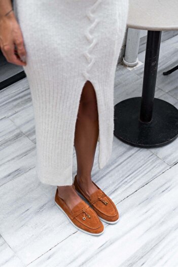 NİŞANTAŞI SHOES Warner Tan - Oryginalne skórzane baleriny damskie z płaską podeszwą i kokardą