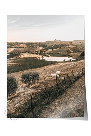 Postifull Rustic Unframed Poster, Scandinavian Brown Painting, No:216 House and Mountain Scenery Photo in the Field
