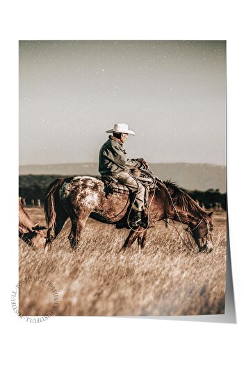 Postifull Rustic Frameless Poster, Scandinavian Brown Table, NO:189 Cowboy and Horse Photo, Vertical