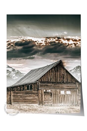 Postifull Rustic Unframed Poster, Scandinavian Brown Painting, No:174 Barn and Mountain Photo, Vertical