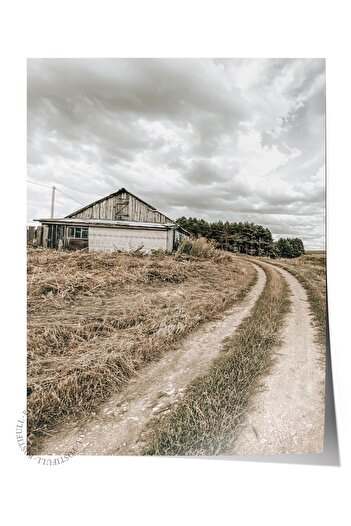 Postifull Rustic Unframed Poster, Scandinavian Brown Painting, No:160 Farmhouse and Road Photo, Vertical