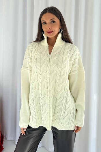 Mine Tan Butik Ecru Color Women's Hair Knit Sweater with Zipper