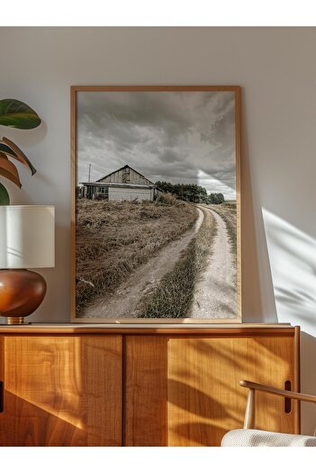 Postifull Rustic Unframed Poster, Scandinavian Brown Painting, No:160 Farmhouse and Road Photo, Vertical