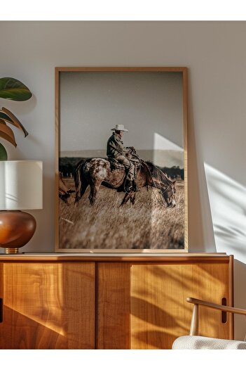Postifull Rustic Frameless Poster, Scandinavian Brown Table, NO:189 Cowboy and Horse Photo, Vertical