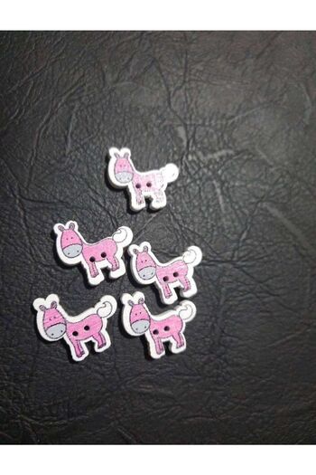İMREN AKSESUAR Wooden Button 2 cm Horse Figured Two Holes Pink Button 1 Pack 8 Pieces