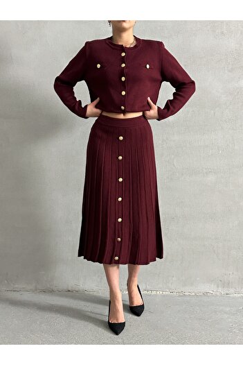 Lusin Burgundy Knitwear Cardigan and Midi Skirt Set - Button Detail, S/M