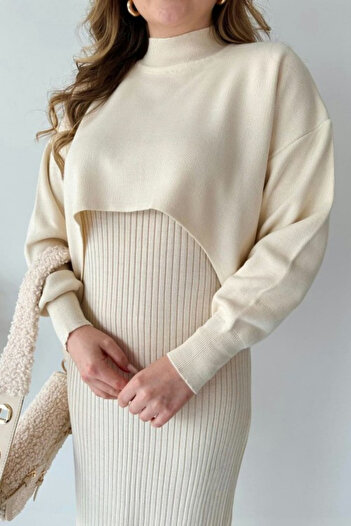 trendalisse Ecru Bolero Short Sweater Midi Length Knitwear Dress Set