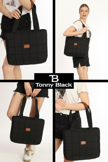 Tonny Black Large Volume Quilted Shopper with Zipper Single Compartment School Sport Tote Bag Hand Arm and Shoulder Bag for Business