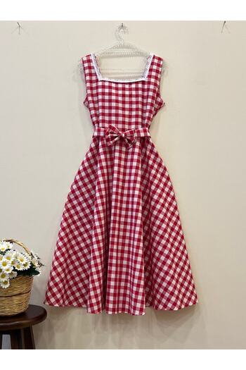 KÜÇÜĞÜM BUTİK Red Gingham Pattern Square Collar Strap Flared Dress