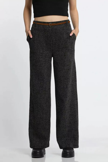 julude Khaki Women's High Waist Patterned Waist Elastic Winter Wide Leg Palazzo Trousers