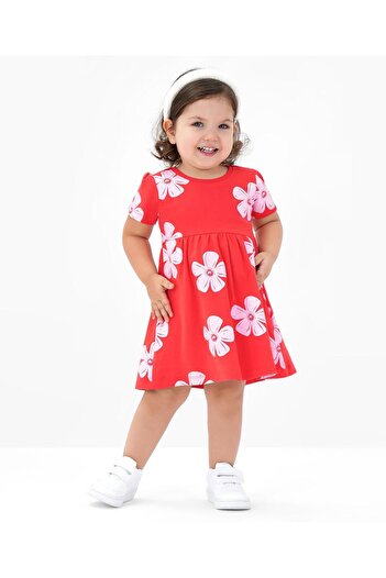 Bonfino Bonfino 100% Cotton Knit Short Sleeves Frock With Bloomer Floral Print- Red