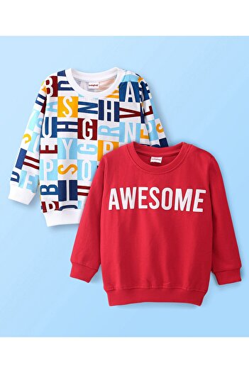 Babyhug Babyhug 100% Cotton Knit Full Sleeves Text Graphics Sweatshirts Pack of 2 - White & Red
