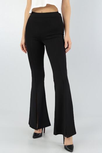 bysevensail Bss Women's Black Stretch Fabric Spanish Cut Slit Leg Detailed Leggings
