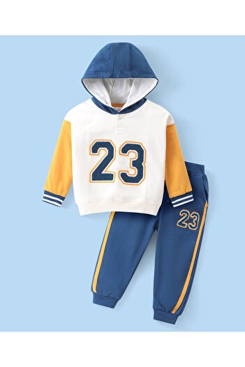 Babyhug Babyhug Cotton Knit Full Sleeves Hooded T-Shirt & Lounge Pants Set With Number Print - White & Blue