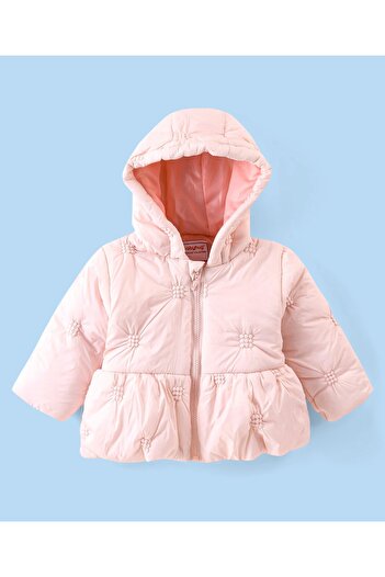 Babyhug Babyhug Cotton Knit Full Sleeves Padded Hooded Jacket with Solid Colour - Pink