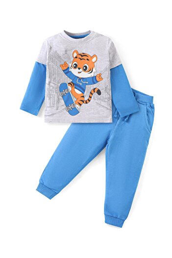 Babyhug Babyhug T-Shirt and Lounge Pants Set with Animal Print - Blue