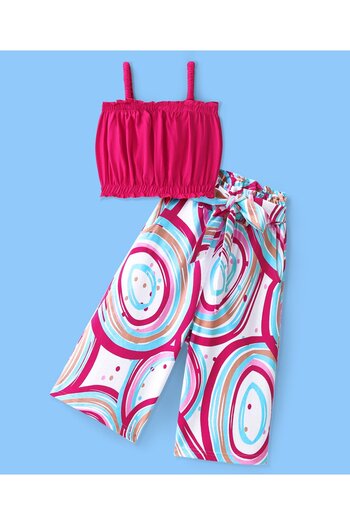 Ollington St. Ollington St. 100% Cotton Knit Sleeveless Solid Crop Top & Printed Culottes Set - Pink & White