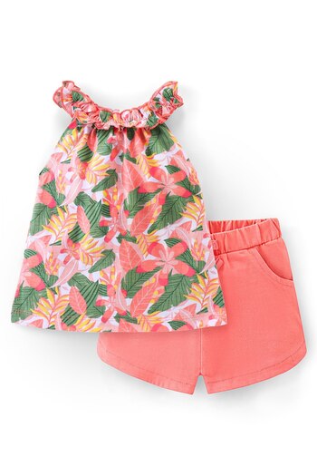 Babyhug Babyhug 100% Cotton Knit Sleeveless Top and Shorts Floral Print - Green & Coral