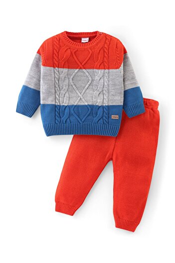 Babyhug Babyhug Knitted Full Sleeves Sweater Set with Cable Knit Design - Red