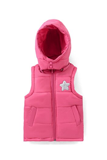 Babyhug Babyhug Sleeveless Solid Color Padded Hooded Jacket With Star Patch Detailing - Pink