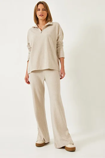 Bianco Lucci Women's Leg and Collar Zippered Degaje Bottom Top Set 0204 60261271