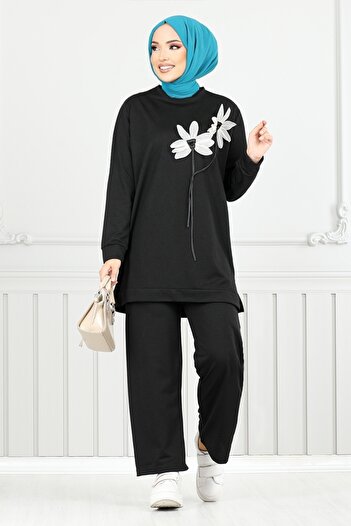 ModaMerve Black Floral Detailed Double Suit - 796Ozr1047-M