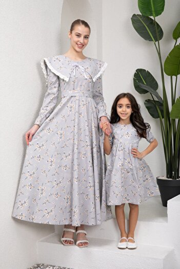 KÜÇÜĞÜM BUTİK Hijab Spring Branch Gray Flared Mother and Daughter Combination with Mobile Collar (Single for Sale)