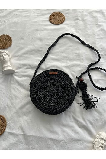 G.G. Handmade ÖRGÜ ÇANTA KÂĞIT İP SİYAH yuvarlak çanta, püsküllü hasır çanta