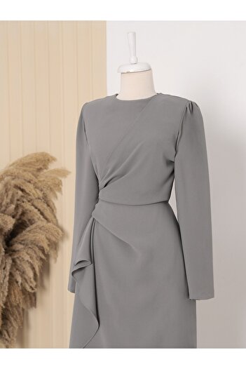 Modamorfo Grey Crepe Dress with Asymmetrical Cutouts and Buttons on Front