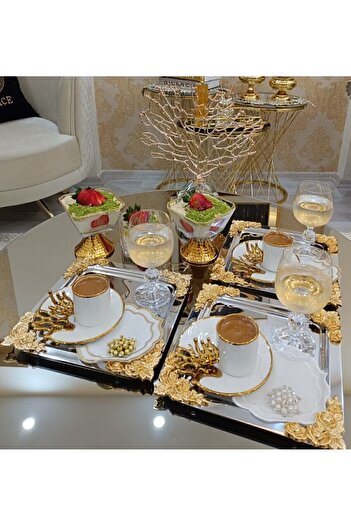 atabey home collection 6'lı Kahve & Çay & Sunum Tepsisi Metal Döküm Gül Model