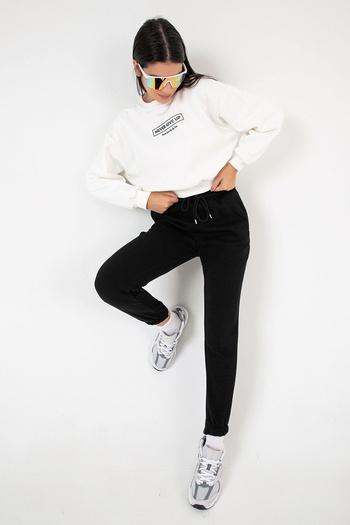 Domoda Black 3 Thread Raised Cotton Women's Sweatpants with Elastic Legs and Pockets
