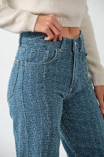 Maule Mavi Yüksek Bel Boru Paça Jean Boot Cut Bukle Efekt Punch Crafted Kadın Kot Pantolon