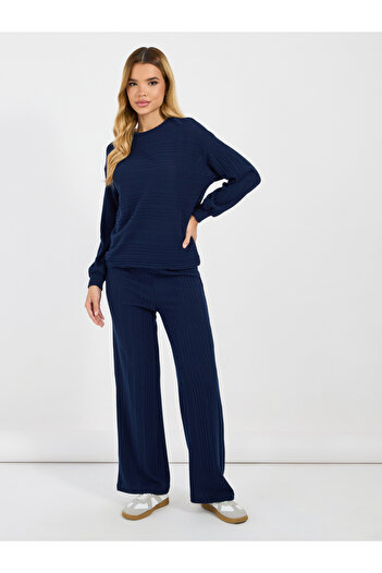 Styli Ribbed Knit Long Sleeves Top & Wide Leg Pants Co-Ords