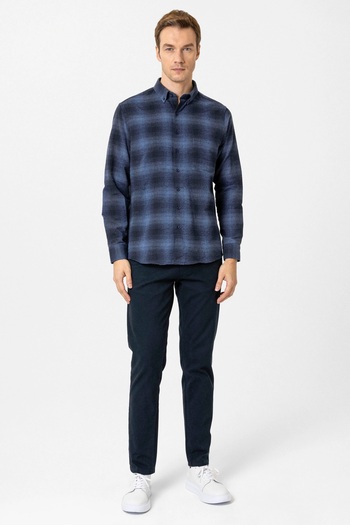 SÜVARİ Süvari Loose Cut Pocket Navy Blue Plaid Flannel Winter Shirt